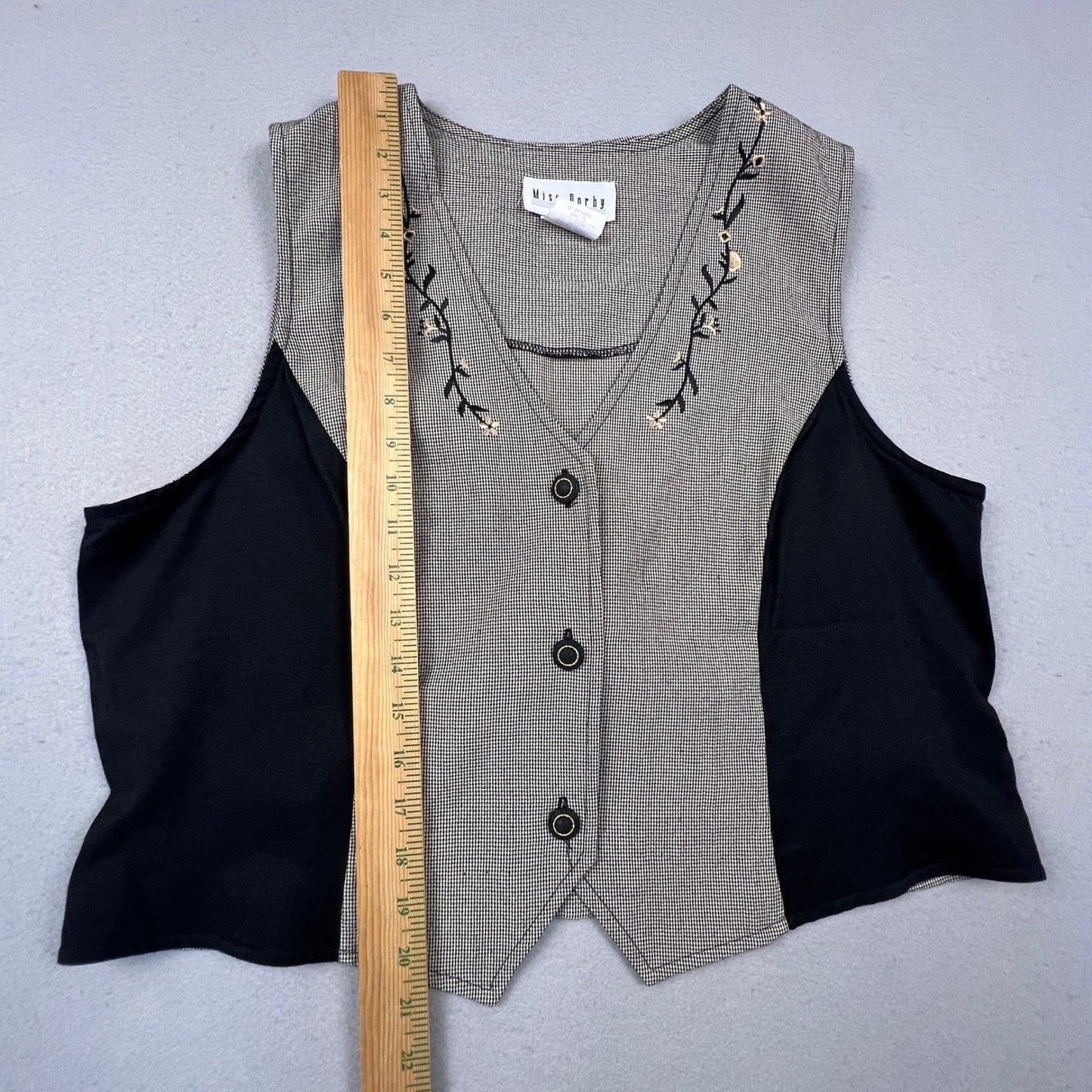VTG 90s Miss Dorby Vest Women 14 Black White Houndstooth Embroidered Floral