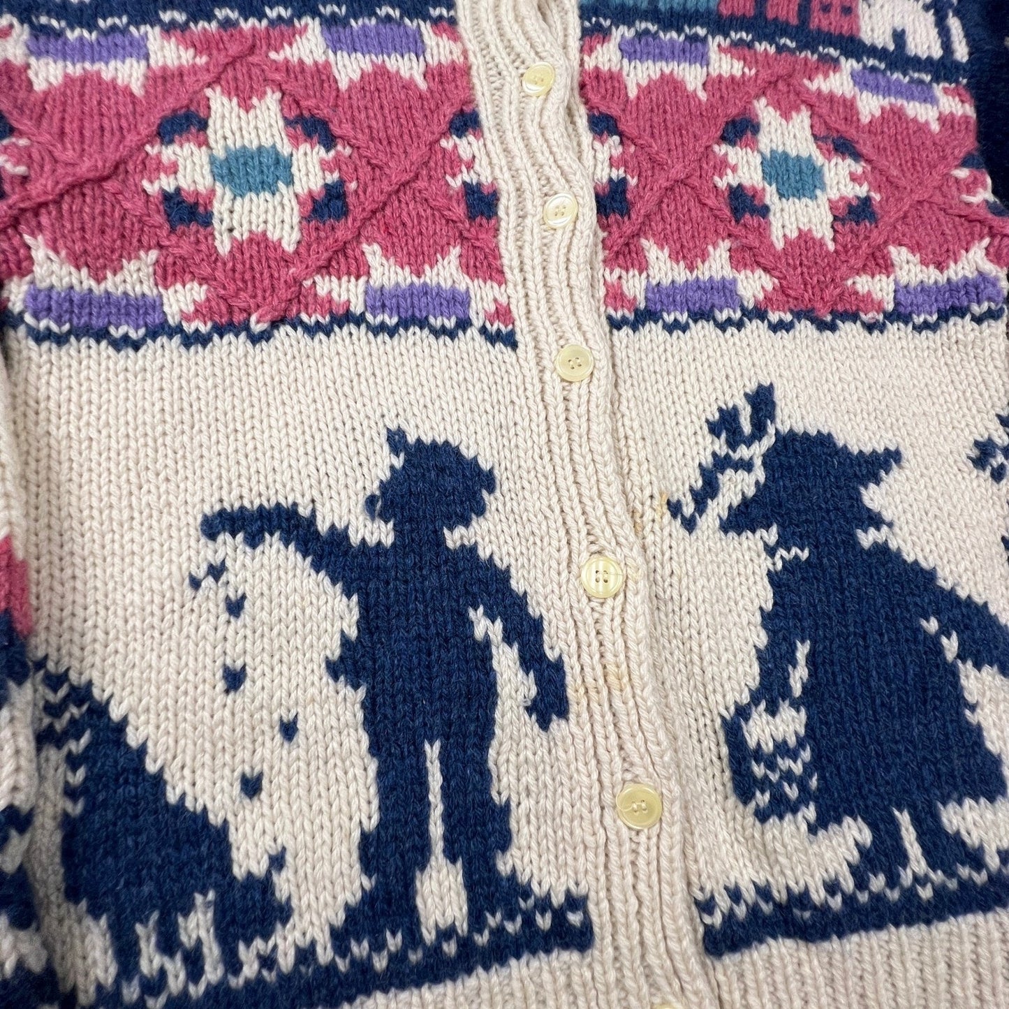 Woolrich Cardigan Sweater Womens M Cream Wool Folk Art Intarsia Vintage 90s Knit