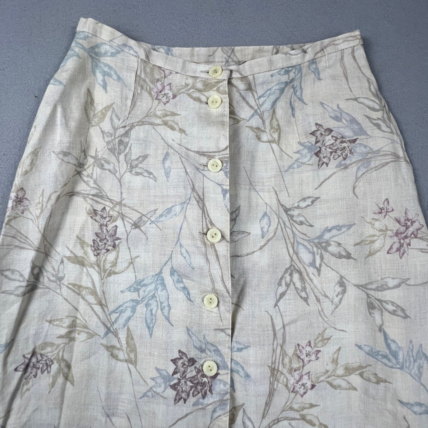 Liz Claiborne Lizsport Skirt Womens 8P Beige Floral Linen Button Front Midi Boho