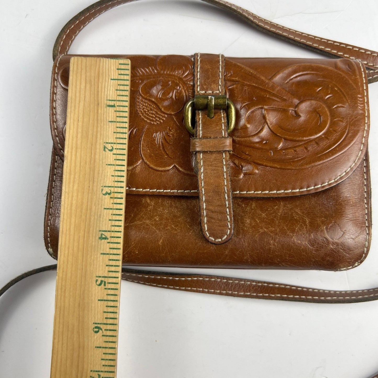 Patricia Nash Tooled Leather Crossbody Bag Tan Floral Embossed Vintage Boho