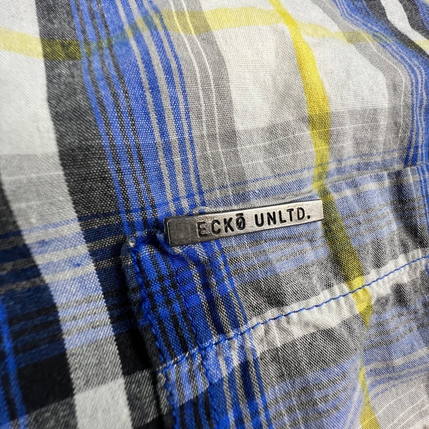Ecko Unltd Button Down Shirt Mens XXL Blue Yellow Plaid Short Sleeve Urban Y2K