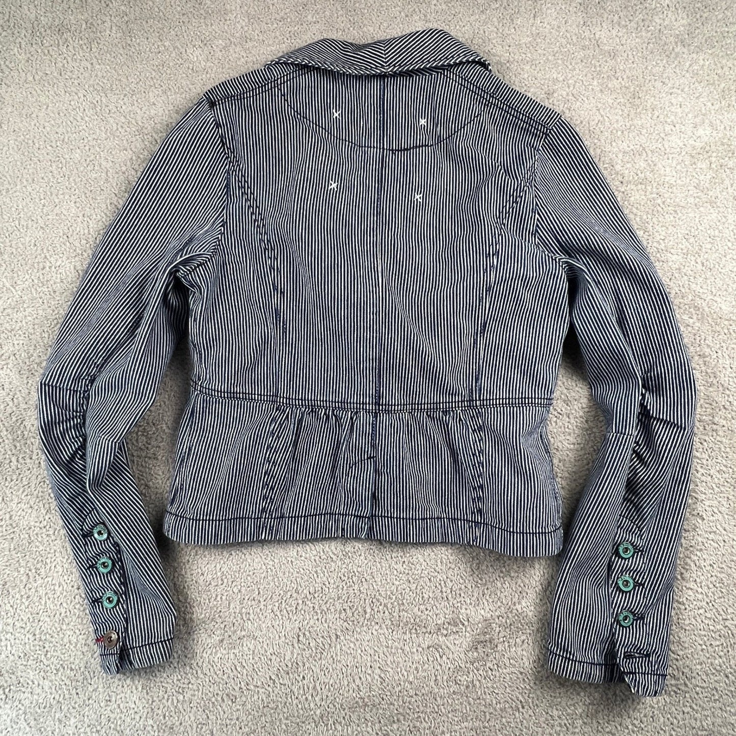 BB Dakota Hickory Stripe Denim Blazer Womens Medium Blue Fitted Peplum Jacket