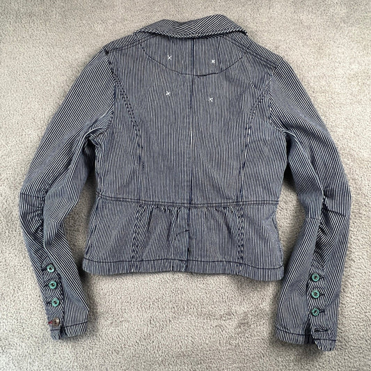 BB Dakota Hickory Stripe Denim Blazer Womens Medium Blue Fitted Peplum Jacket