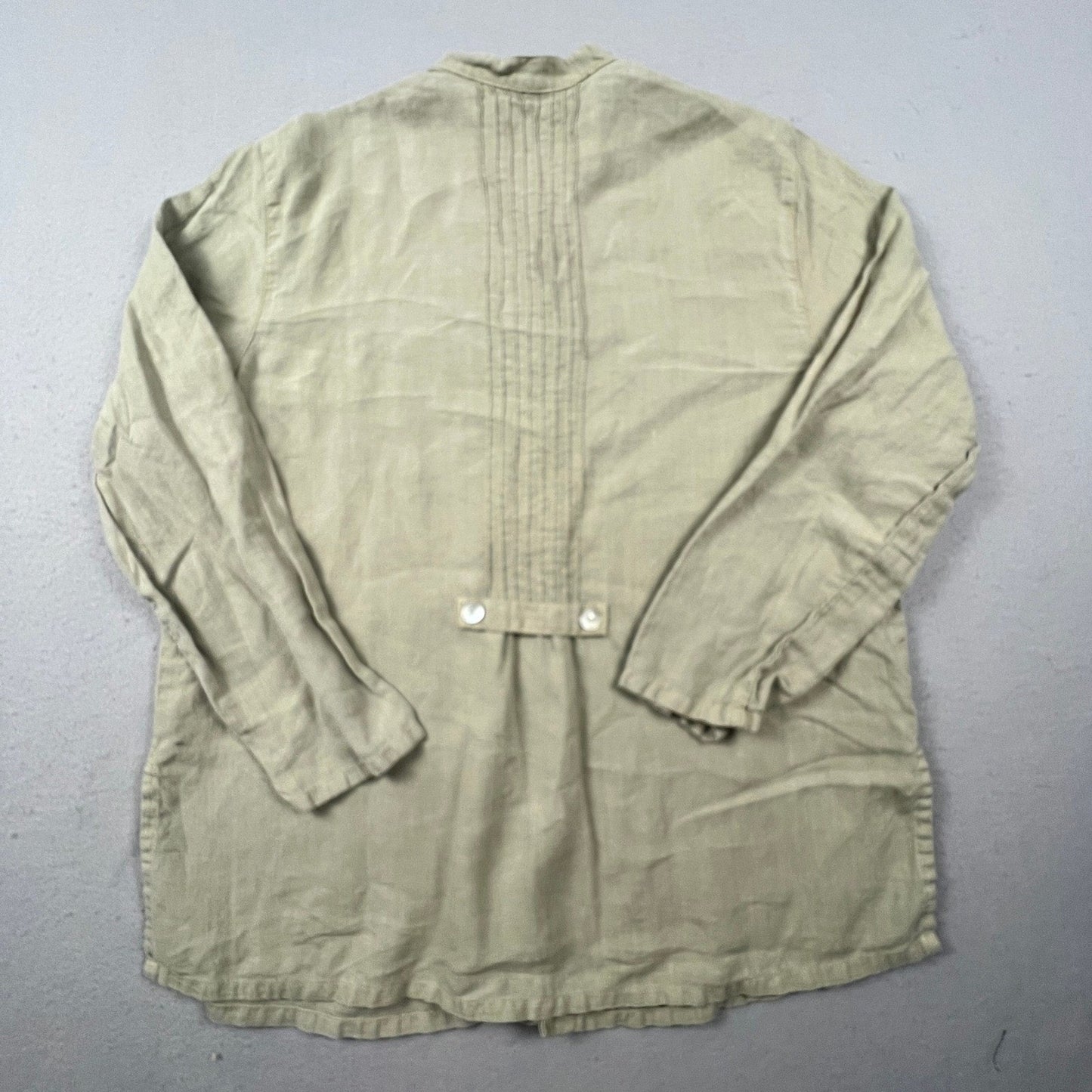 J. Jill Linen Button Down Tunic Womens MP Petite Green Pleated Back Coastal Boho