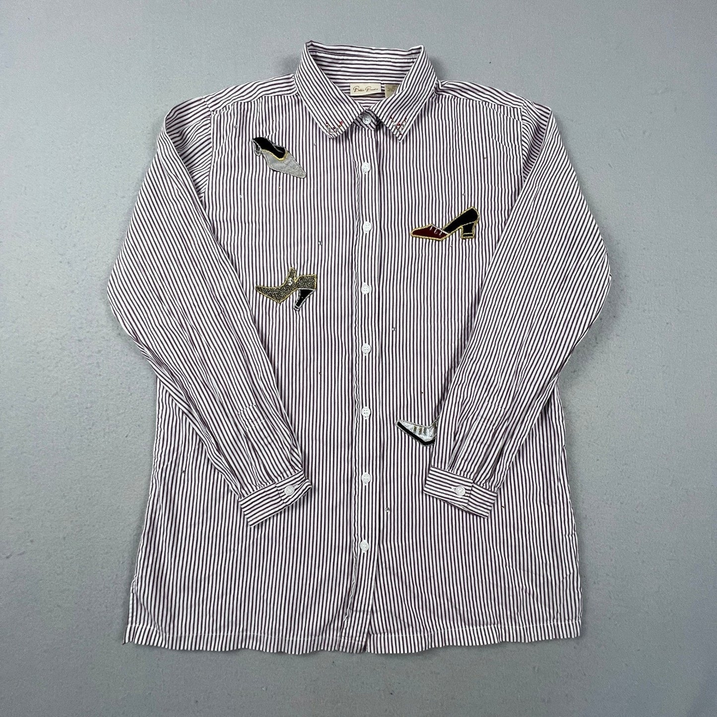 Bobbie Brooks Button Up Shirt Womens Small Purple Stripe Shoe Applique Blouse