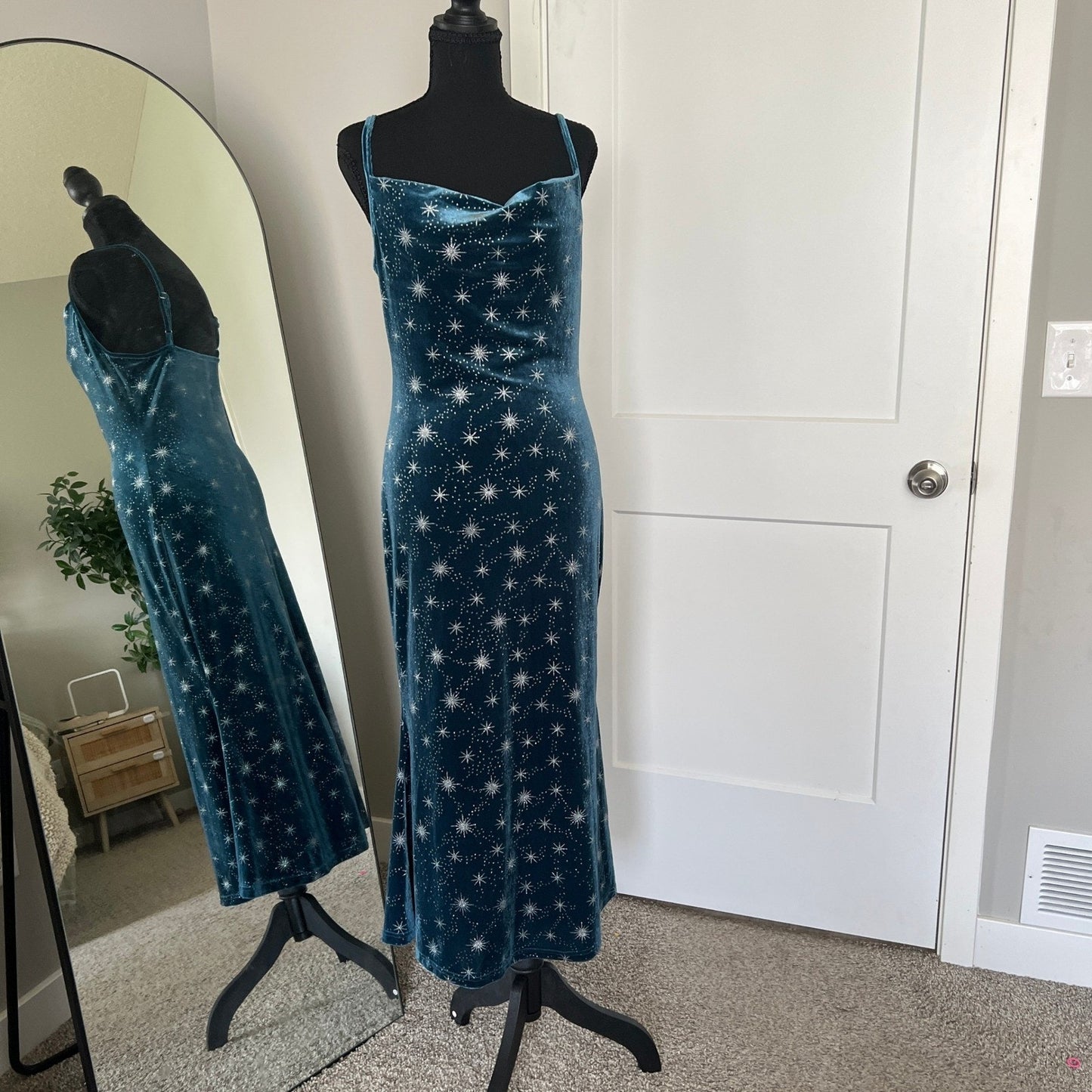 Cider Velvet Maxi Dress Womens Medium Teal Celestial Starburst Cowl Neck Party
