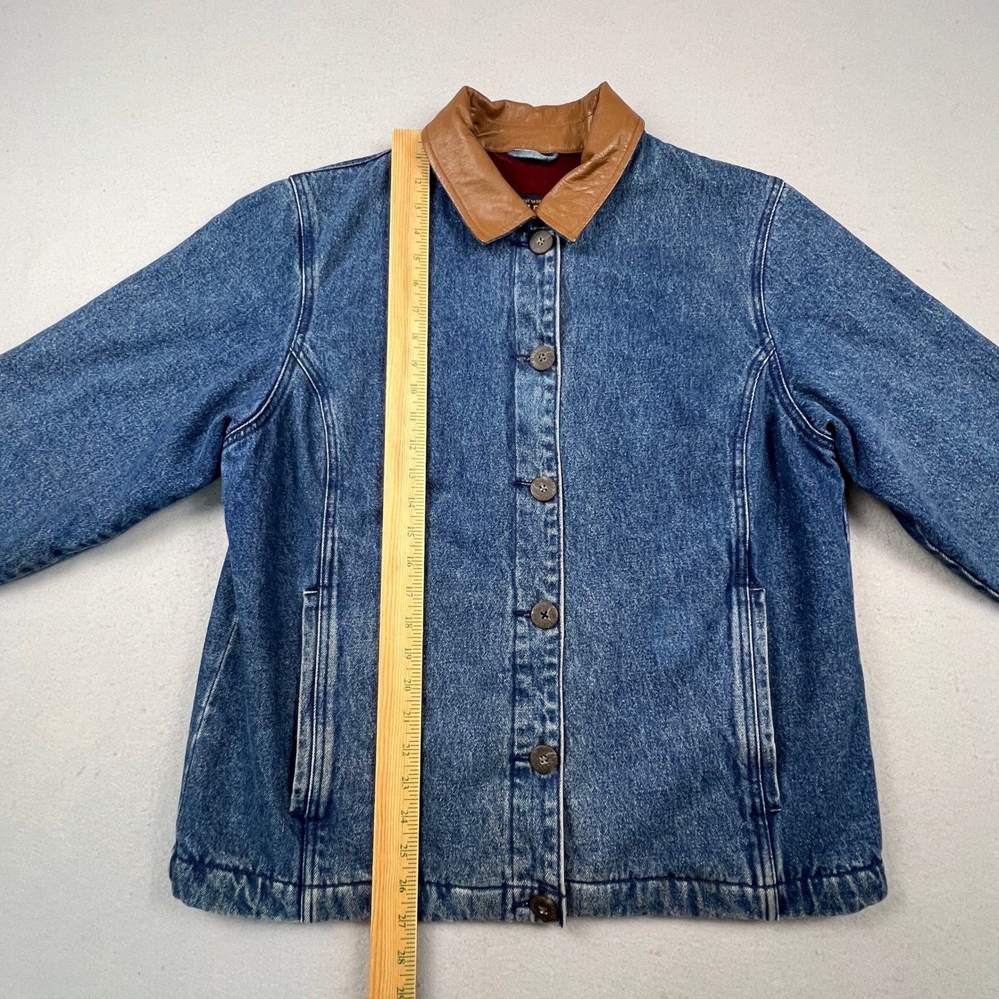 Woolrich Denim Barn Jacket Womens L Blue Leather Collar Fleece Lined Workwear