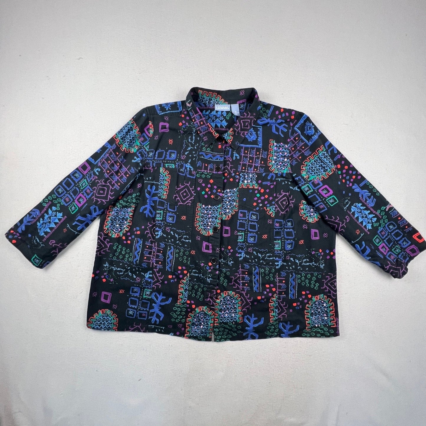 Liz & Me Button Down Shirt Women 3X Black Geometric Tribal Sequin Cotton Top