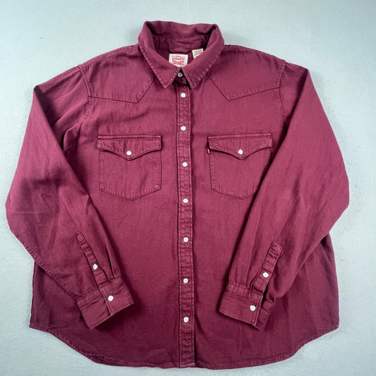 Levi's Western Shirt Mens XXL Burgundy Pearl Snap Twill Long Sleeve Cowboy