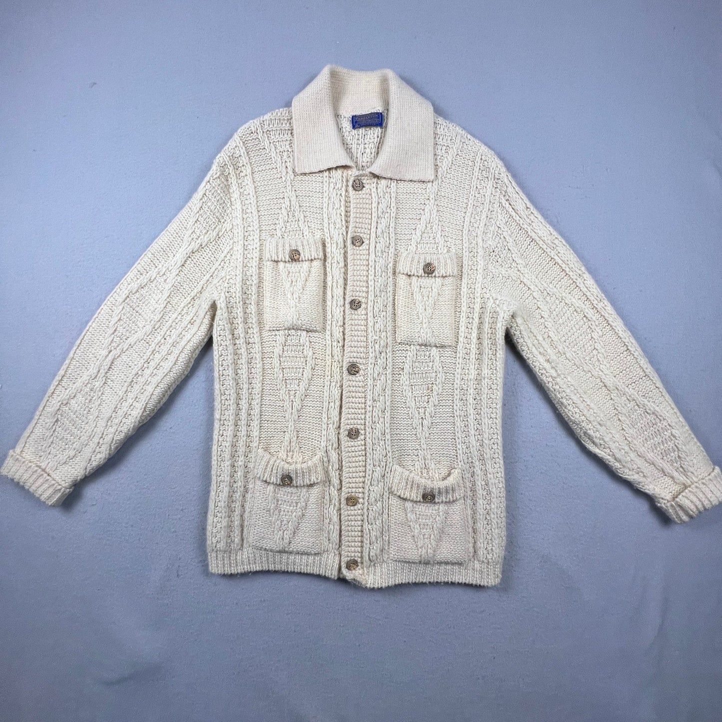 Vintage Pendleton Sweater Mens Large Cream Wool Cable Knit Aran Cardigan USA