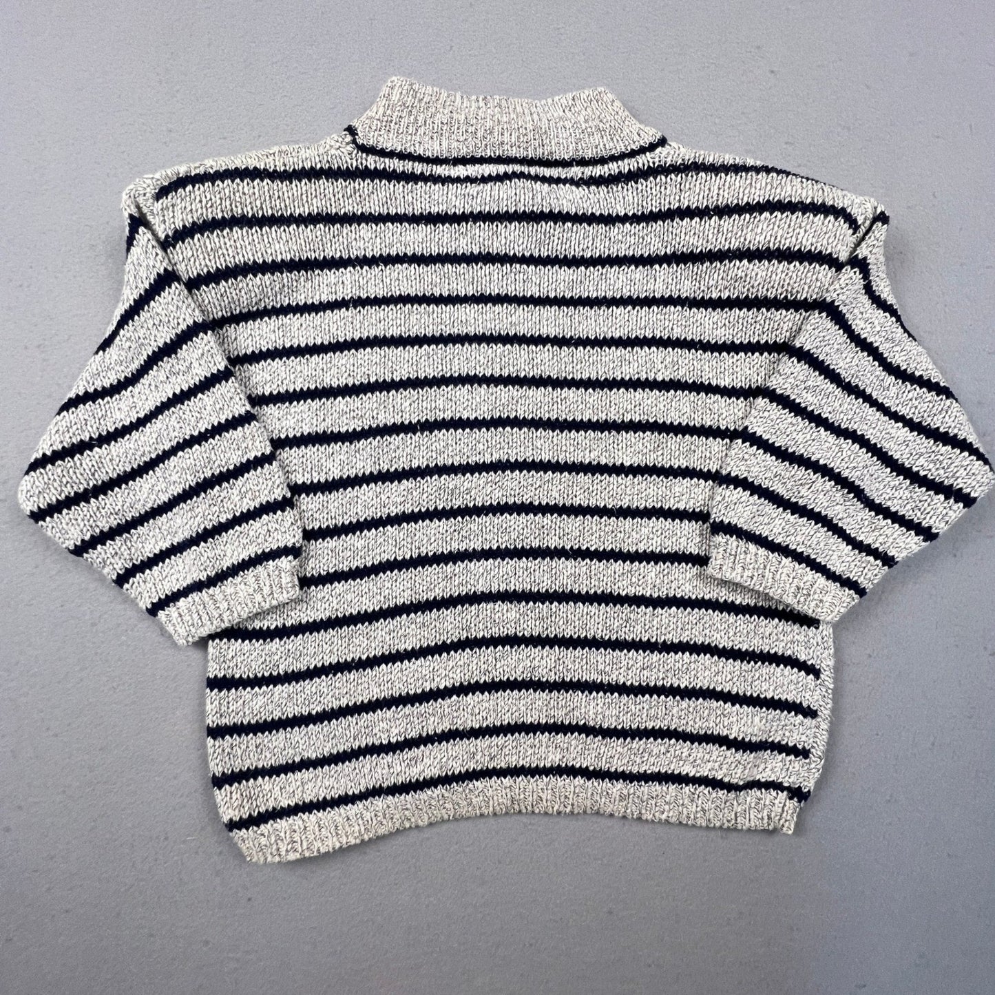 T.Q. Vintage Mock Neck Sweater Womens Small Grey Navy Striped Cable Knit Cotton