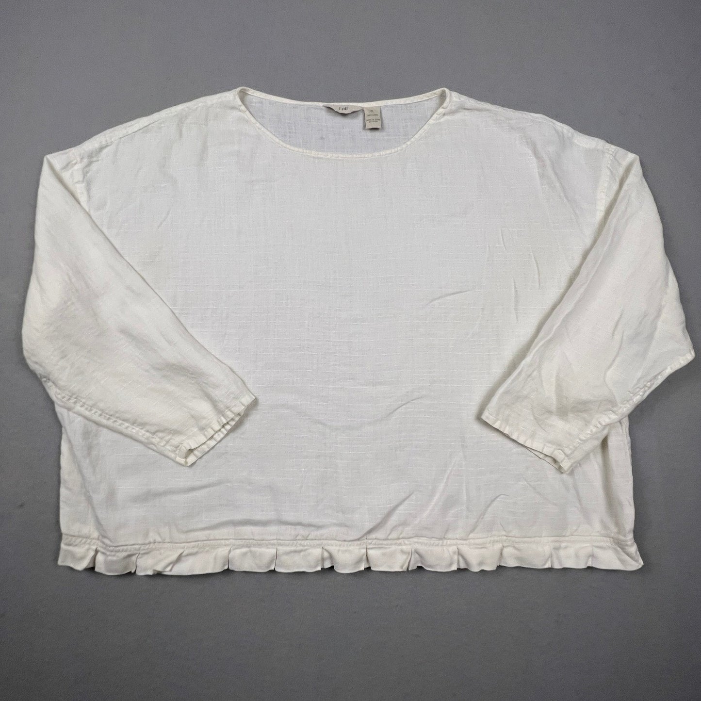 J. Jill Linen Blouse Women XL White Ruffle Hem 3/4 Sleeve Casual Relaxed Boho