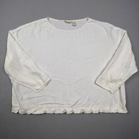 J. Jill Linen Blouse Women XL White Ruffle Hem 3/4 Sleeve Casual Relaxed Boho