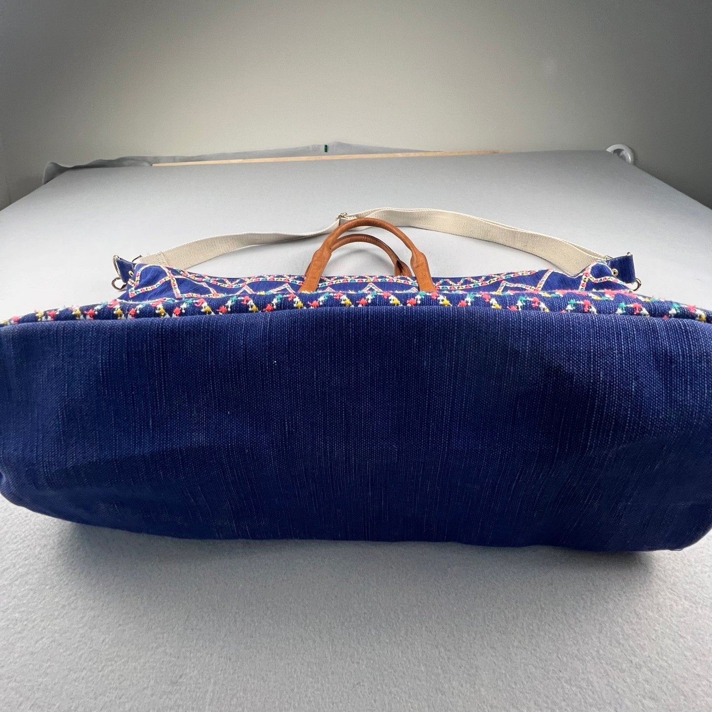 Boho Weekender Travel Bag Large Blue Embroidered Geometric Tote Carry On