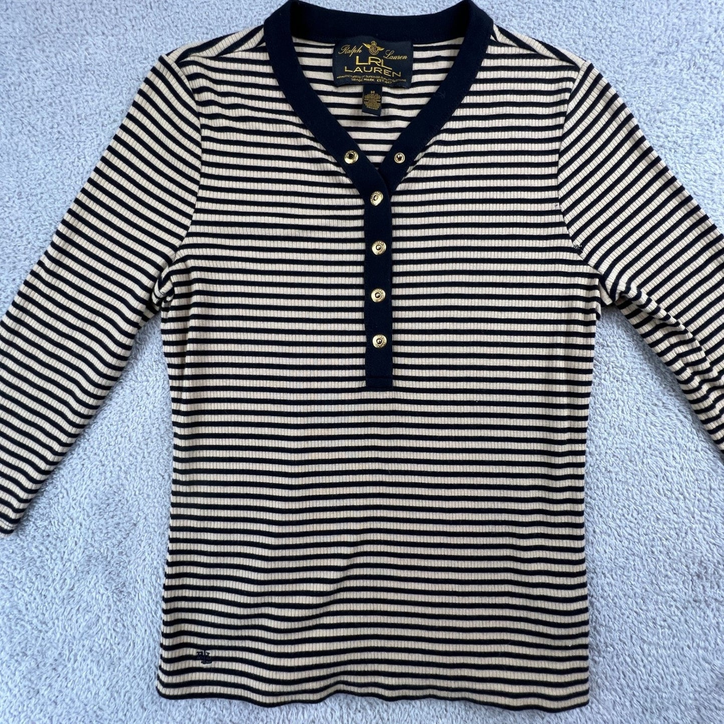 Lauren Ralph Lauren Henley Top Womens Medium Tan Navy Striped Ribbed Knit Preppy