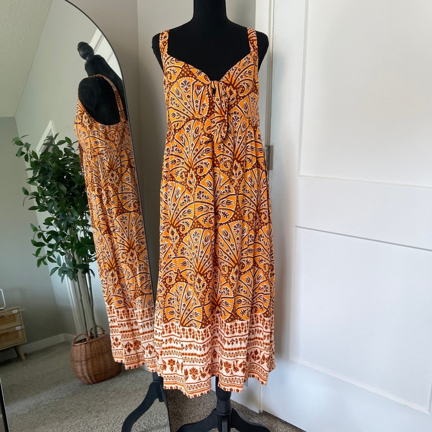 Boho Peasant Summer Midi Dress Womens Medium Orange Paisley Tie Front Knox Rose