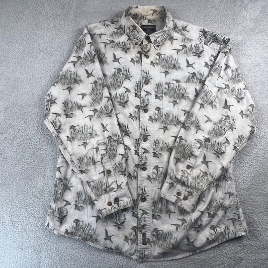 Woolrich Button Down Shirt Mens L Grey Duck Marsh Print Hunting Outdoor Cabin
