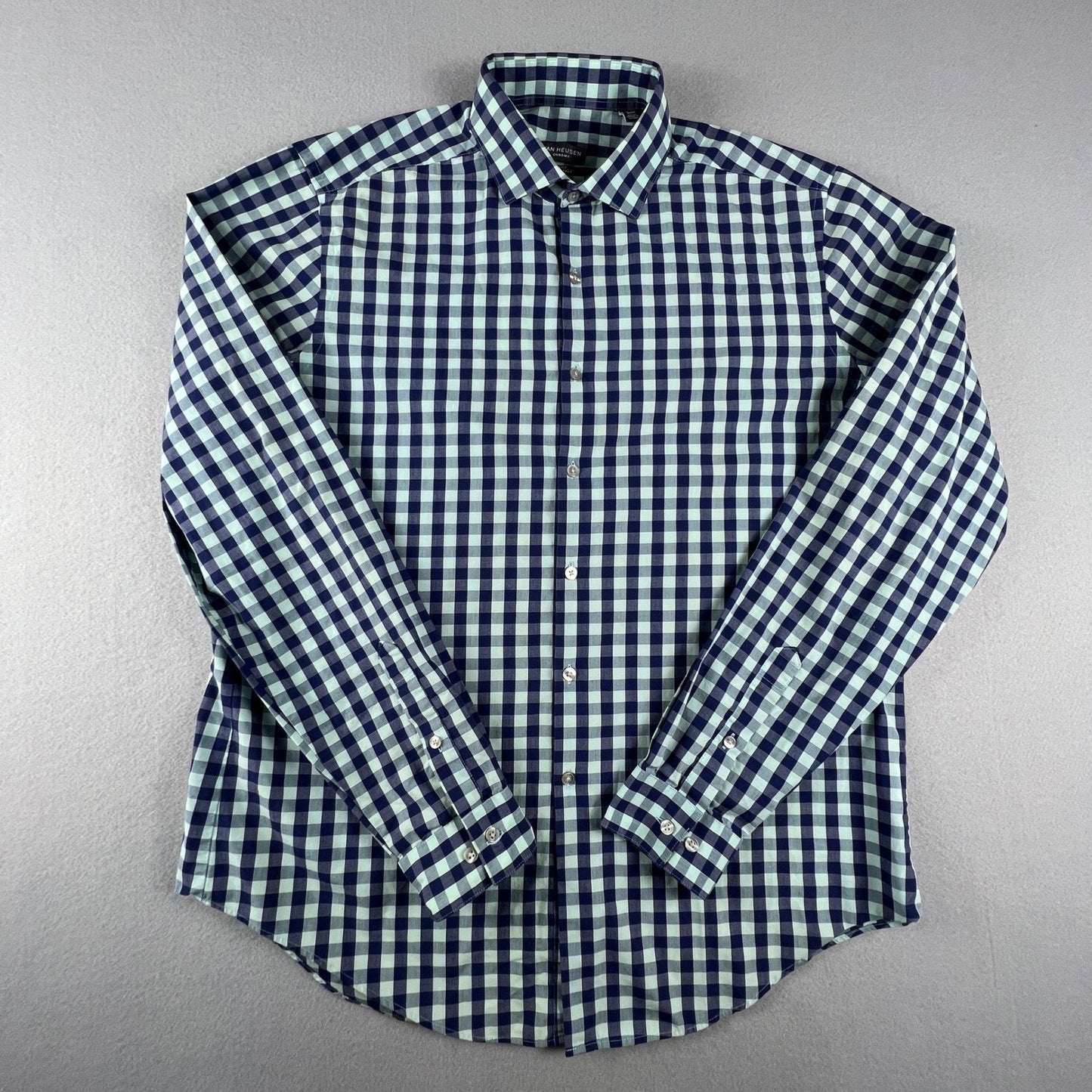 Van Heusen Button Down Shirt Men 16-16.5 Gingham Slim Fit Wrinkle Free Office