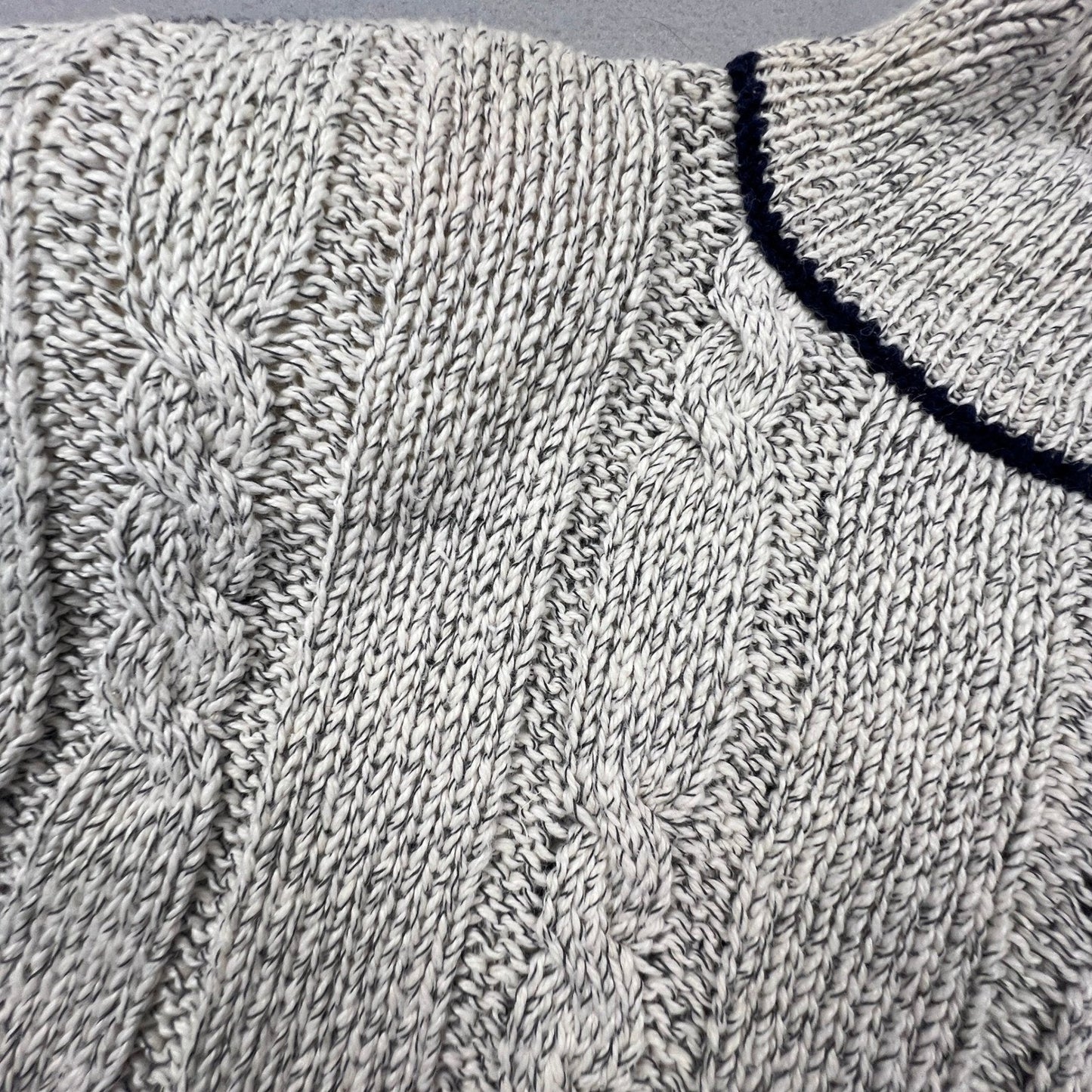 T.Q. Vintage Mock Neck Sweater Womens Small Grey Navy Striped Cable Knit Cotton