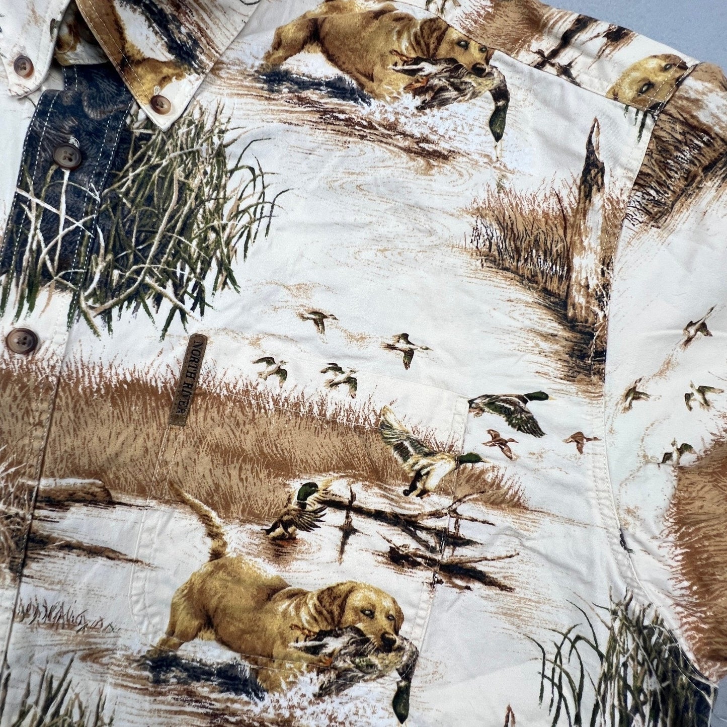 North River Hunting Dog Shirt Mens XL Beige Duck Lab Retriever All Over Print