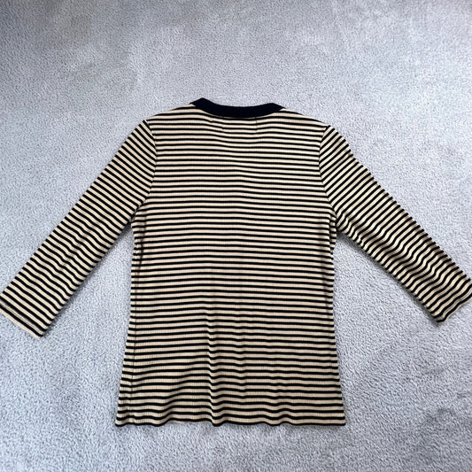 Lauren Ralph Lauren Henley Top Womens Medium Tan Navy Striped Ribbed Knit Preppy