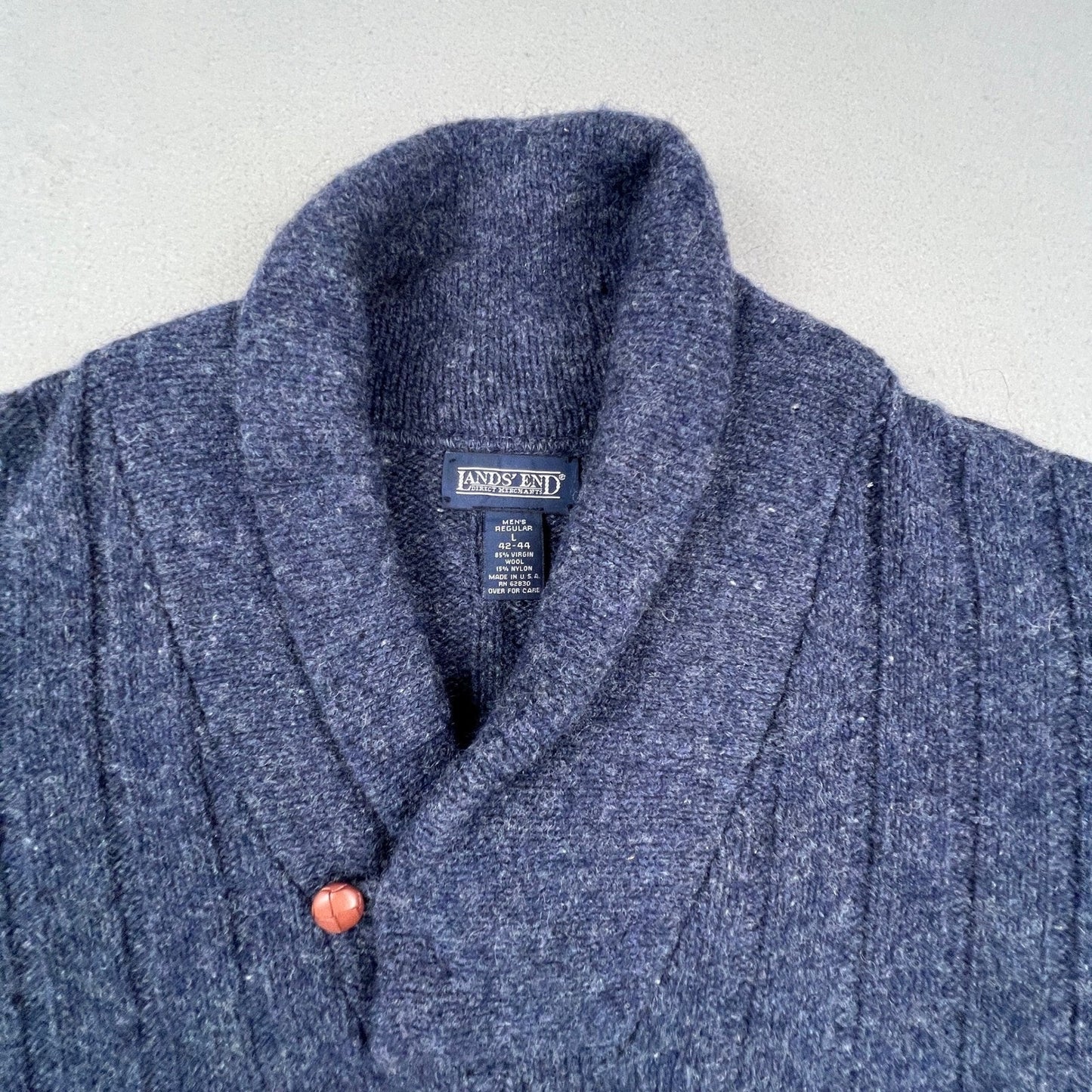 Lands End Shawl Collar Sweater Mens L Blue Wool Blend Ribbed Knit Vintage USA