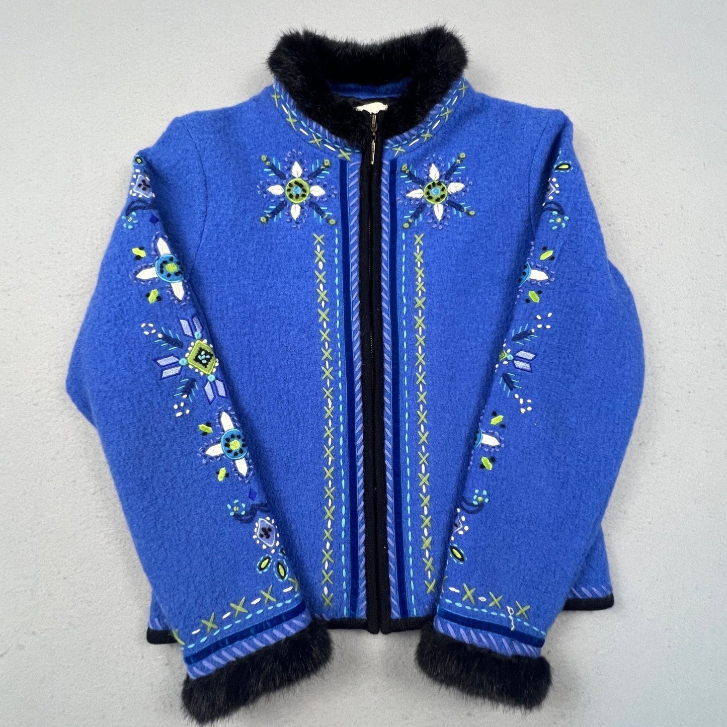 Carson Wool Embroidered Jacket Womens Small Blue Faux Fur Trim Boho Folk Art