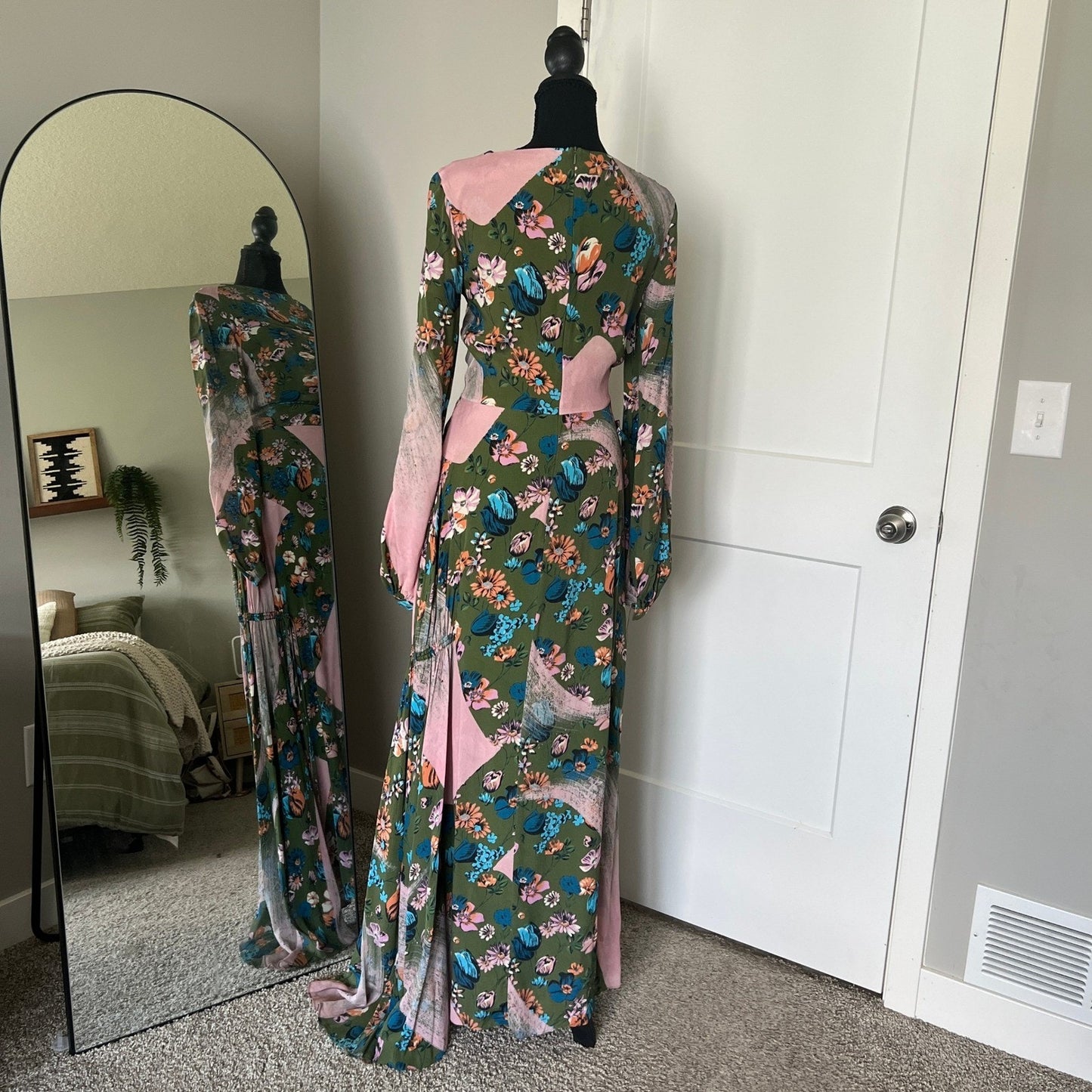House of Holland Maxi Dress Womens 4 Green Floral Ruched Long Sleeve Boho Gown