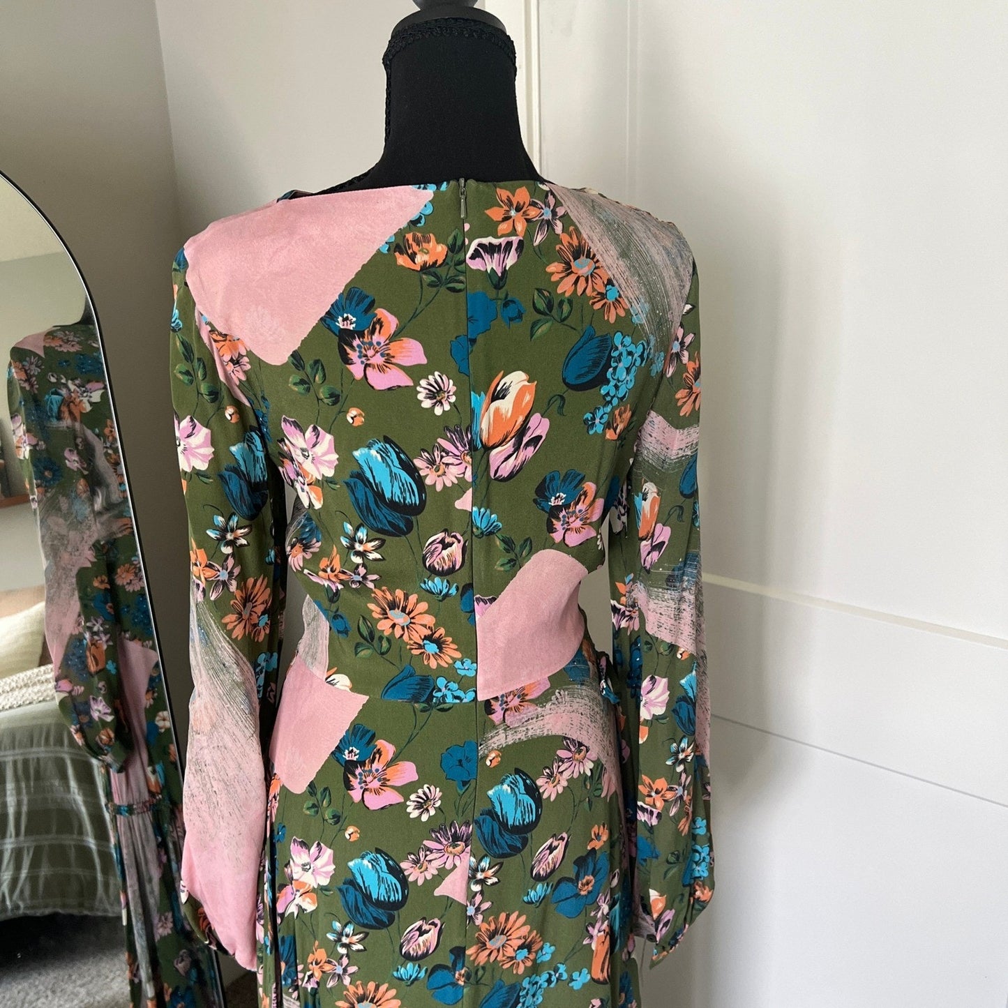 House of Holland Maxi Dress Womens 4 Green Floral Ruched Long Sleeve Boho Gown