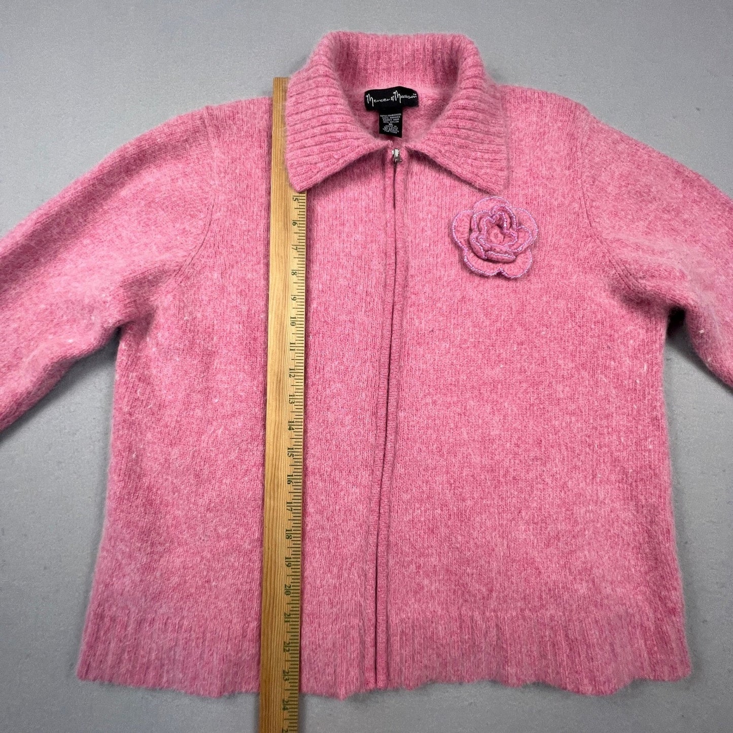 VTG Mercer & Madison Zip Sweater XL Pink Angora Wool Beaded Flower Coquette Y2K