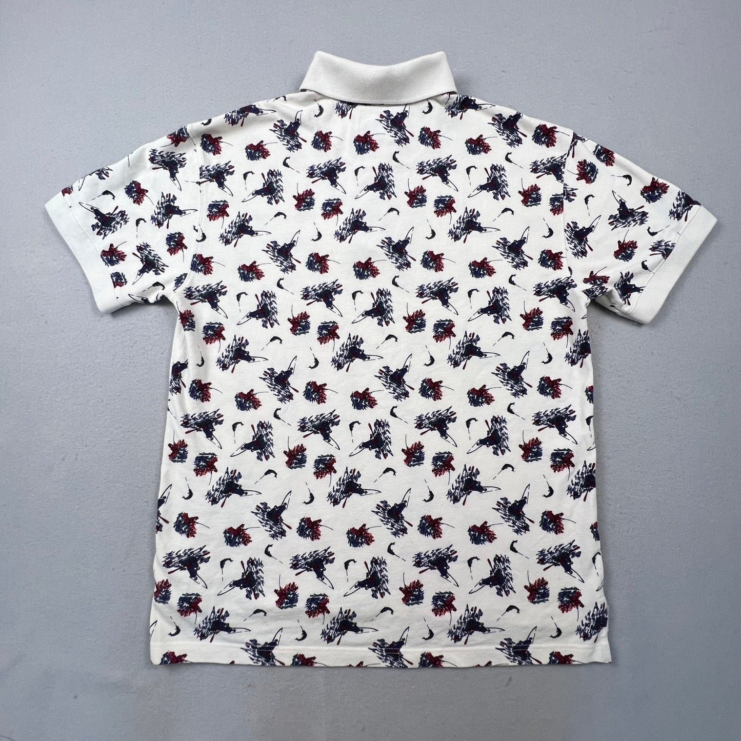 Woolrich Polo Shirt Mens Large Ivory Fishing Print Cotton Short Sleeve Outdoor