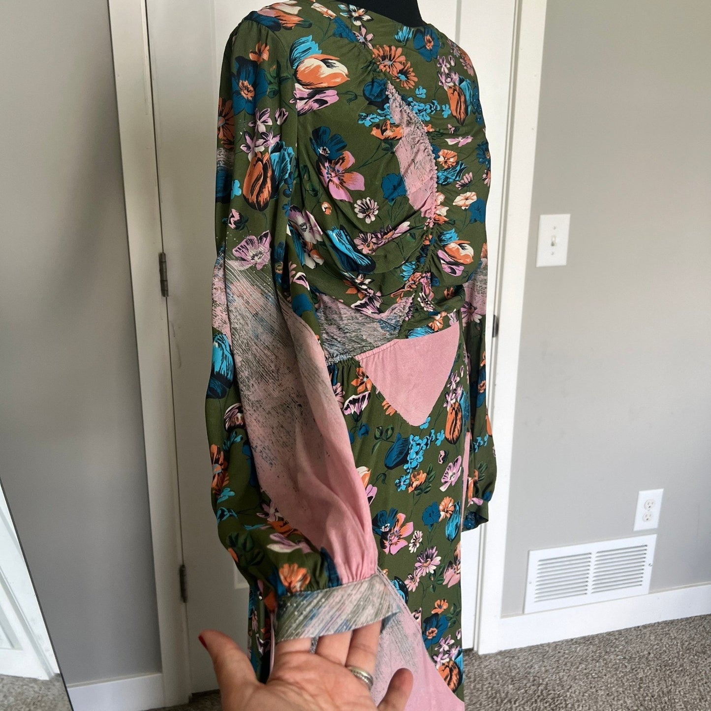 House of Holland Maxi Dress Womens 4 Green Floral Ruched Long Sleeve Boho Gown
