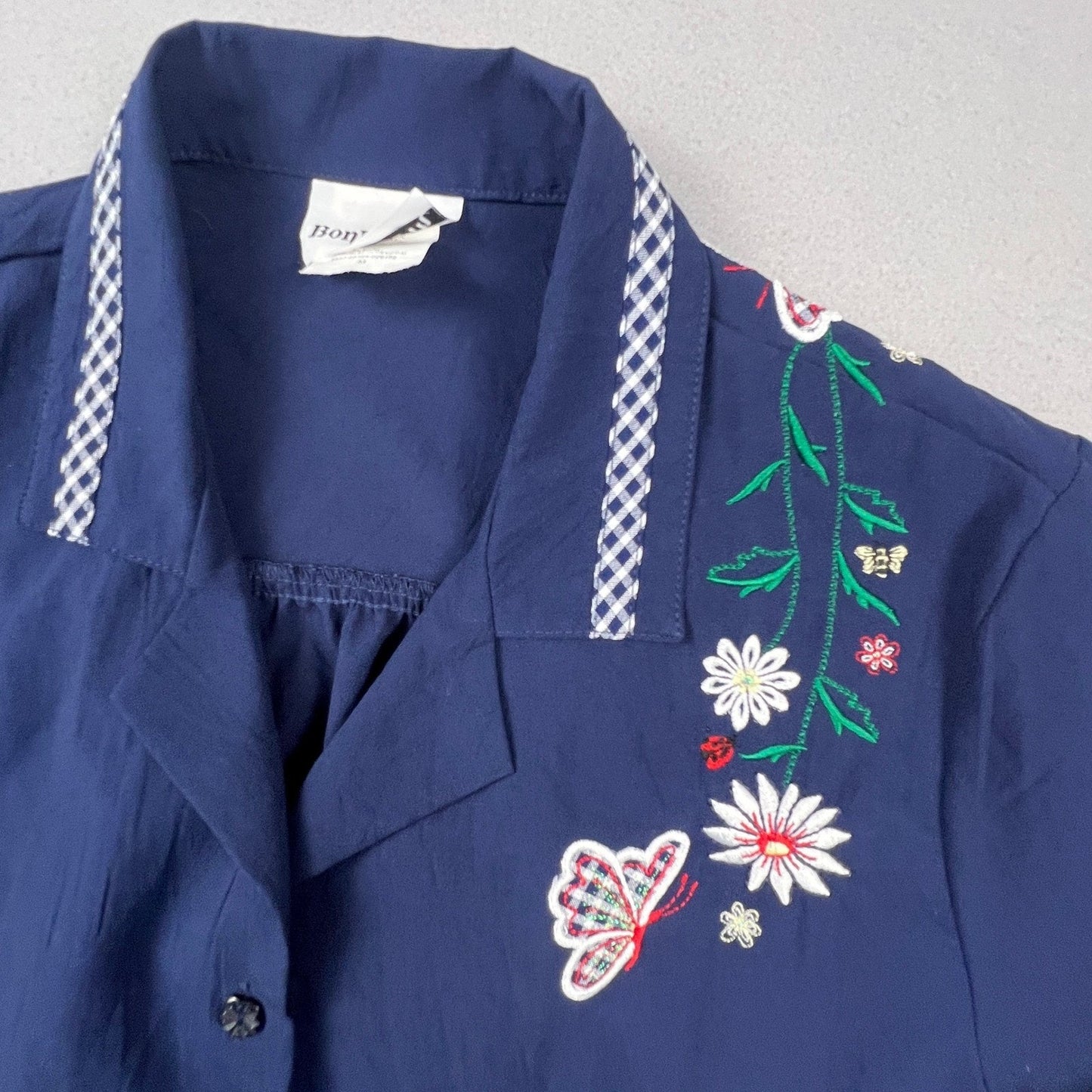 BonWorth Button Up Shirt Womens M Navy Blue Floral Butterfly Gingham Trim Granny