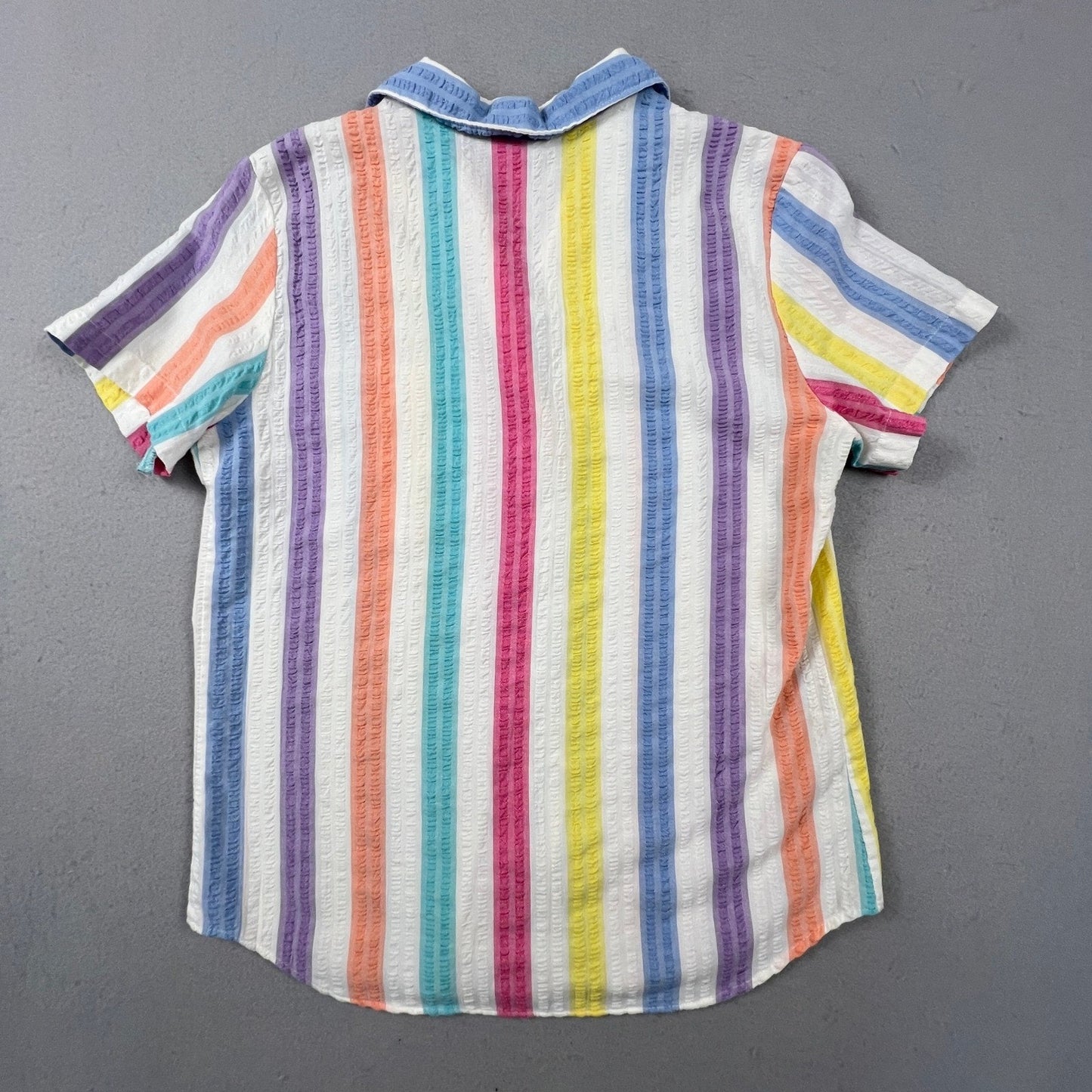 Colorful Seersucker Button Up Shirt Womens L Multi Color Rainbow Stripe Camp Top