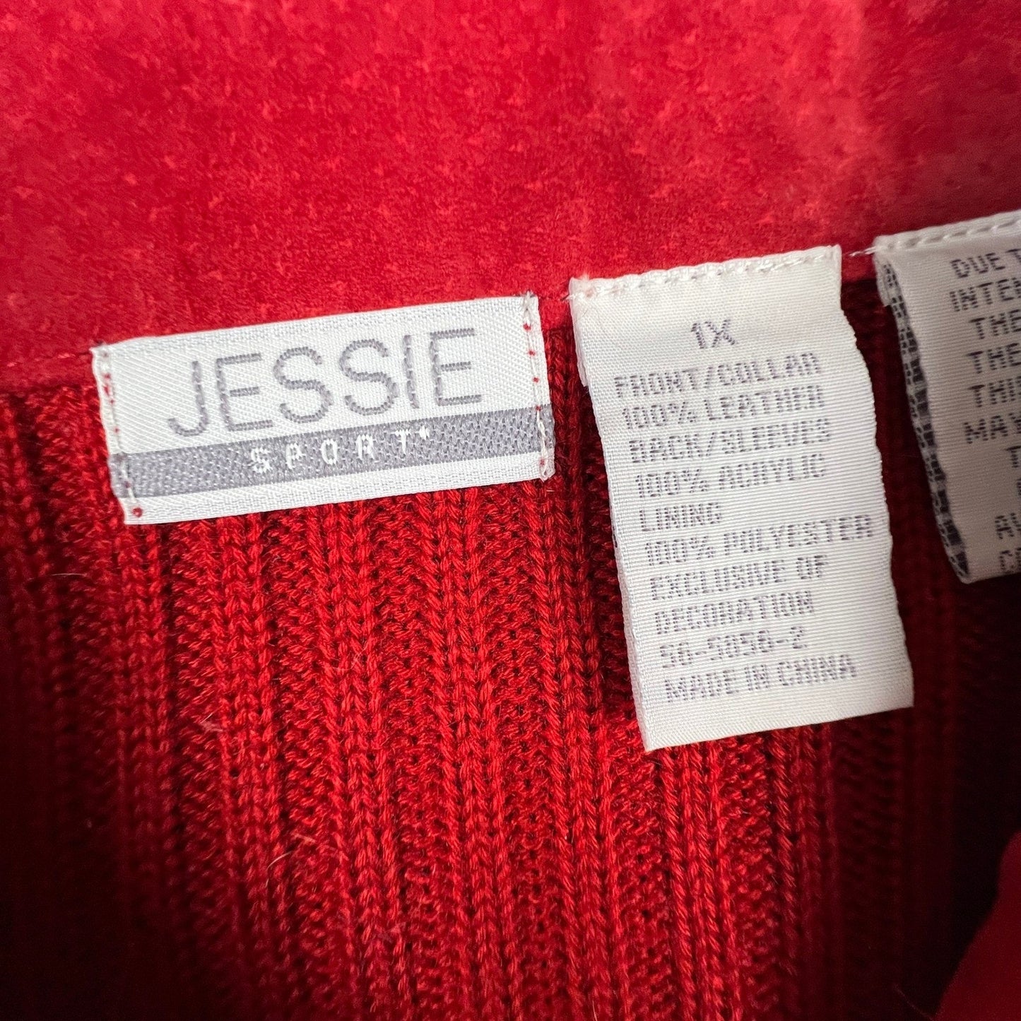 Jessie Sport Leather Jacket Women 1X Red Suede Ribbed Knit Mixed Media Zip Up