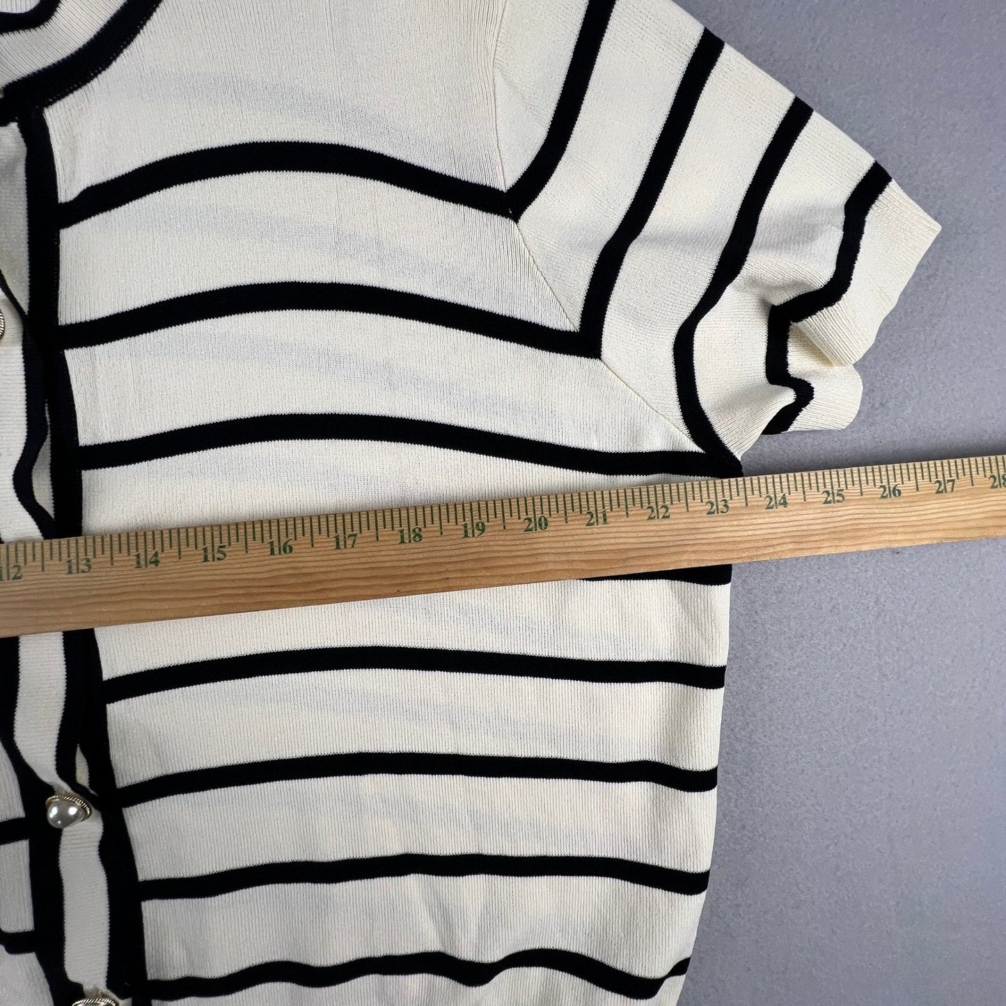 PrettyGarden Cardigan Sweater Womens XL White Black Striped Pearl Button Preppy