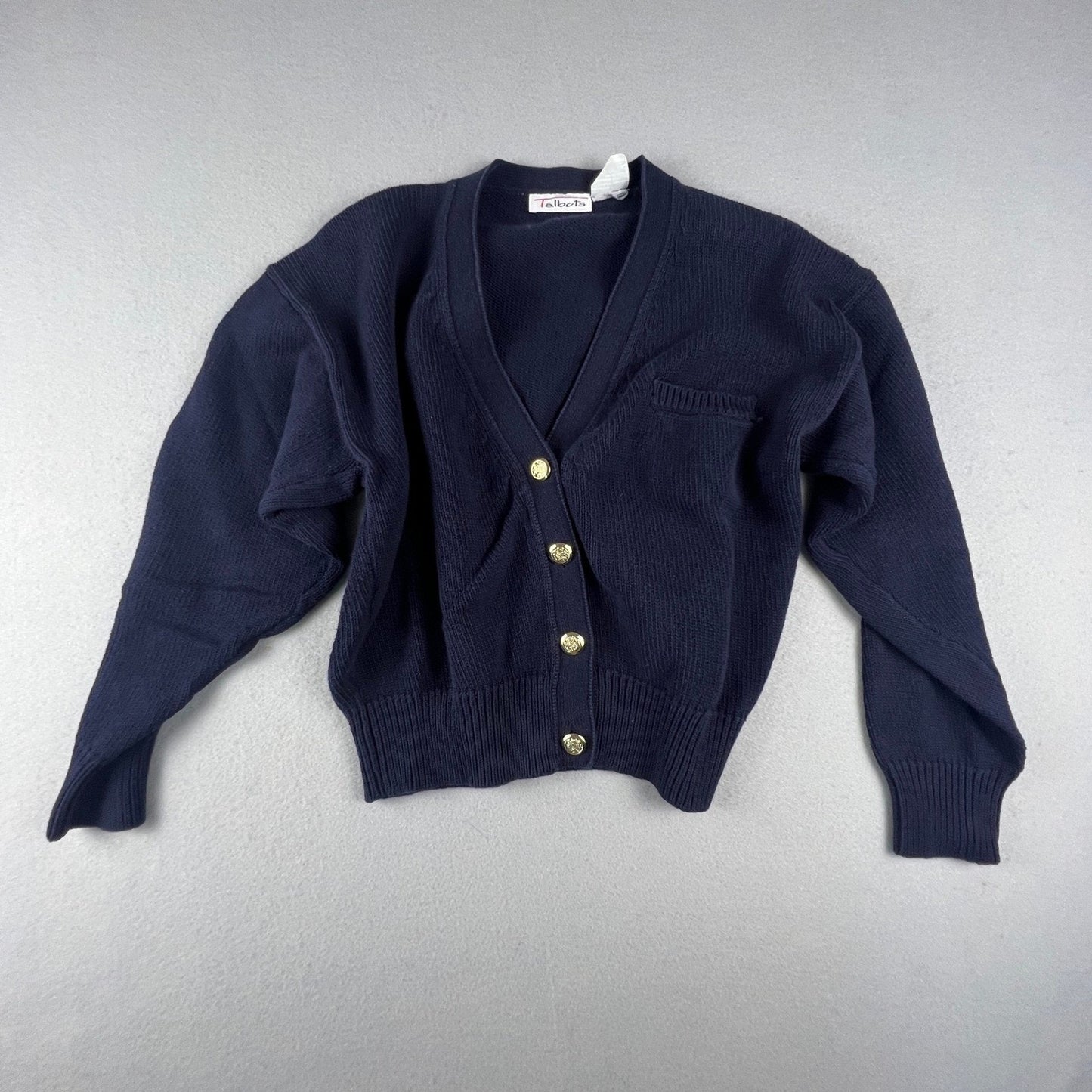 Talbots Cardigan Sweater Womens Medium Navy Blue Gold Crest Button Cotton Preppy