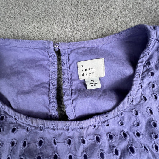 100% Cotton Cottagecore Eyelet Midi Dress Medium Purple Puff Sleeve Tiered Boho