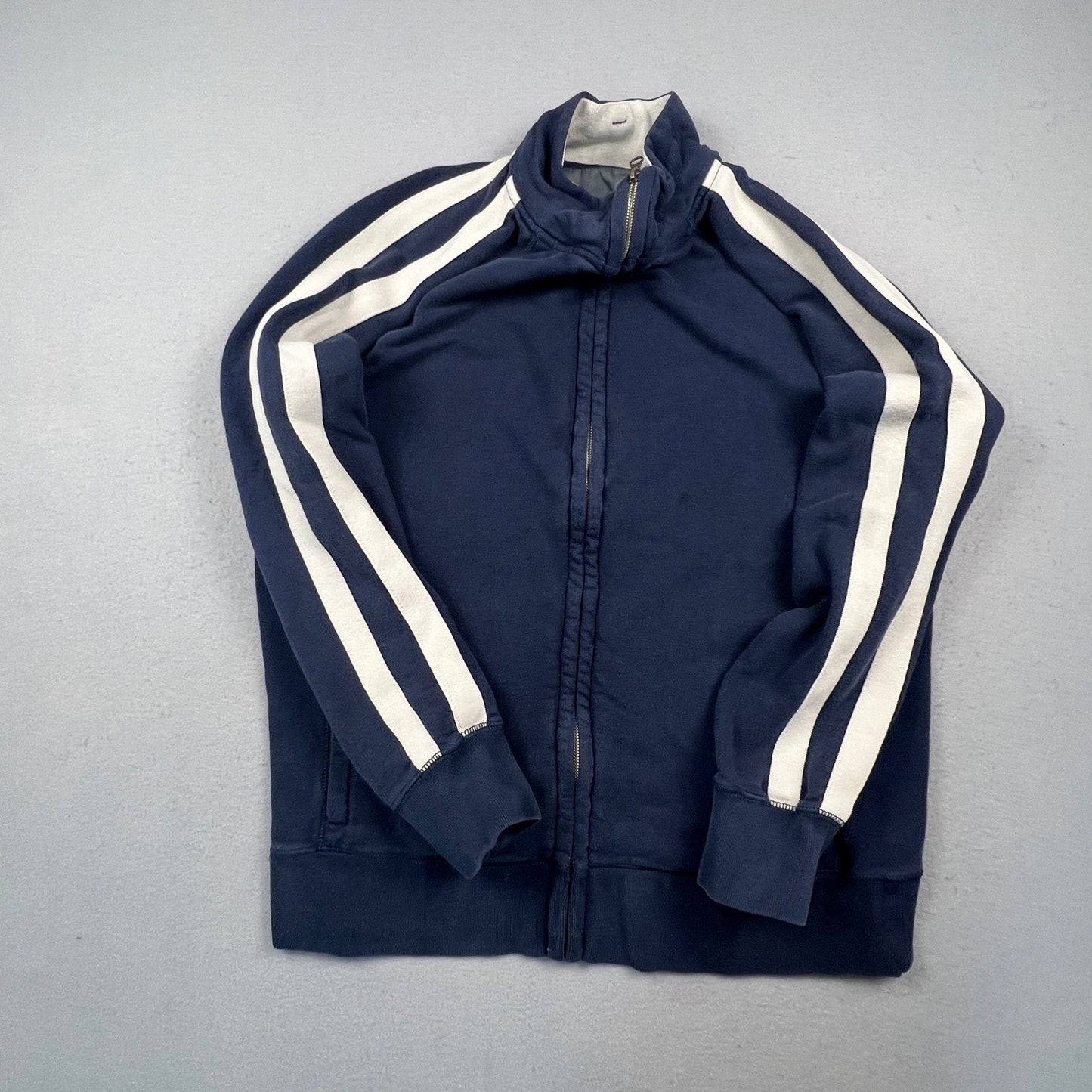 Y2K Old Navy Track Jacket Mens L Navy Blue Stripe Full Zip Fleece Athletic Retro