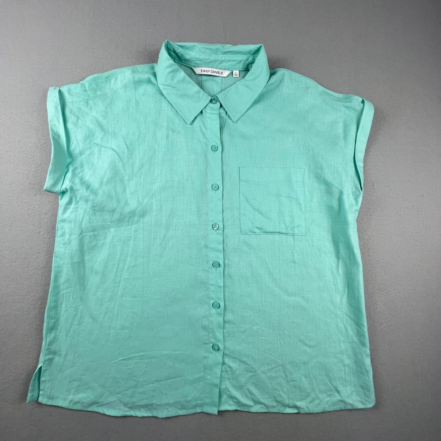 Emily Daniels Button Down Top Womens Large Green Linen Blend Short Sleeve Casual