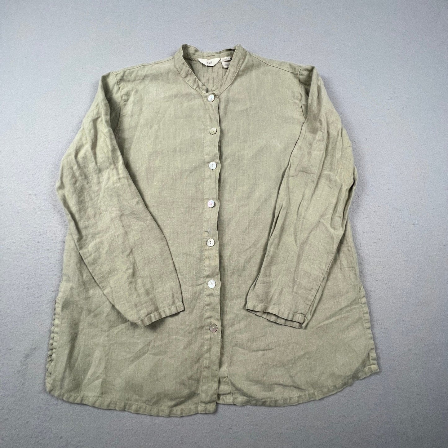 J. Jill Linen Button Down Tunic Womens MP Petite Green Pleated Back Coastal Boho