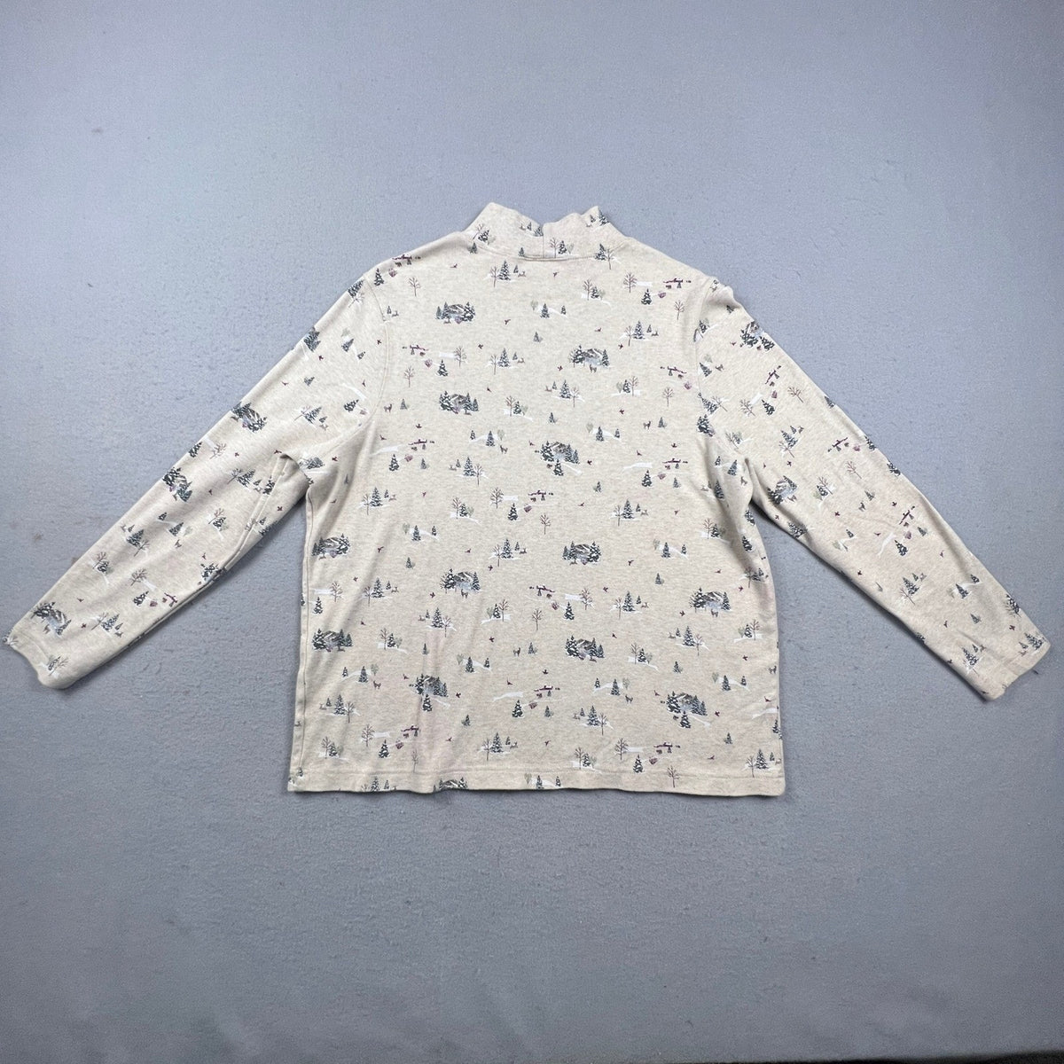 Winter Scene Pine Tree Cotton Shirt Mock Neck Top Womens XL Beige Croft & Barrow