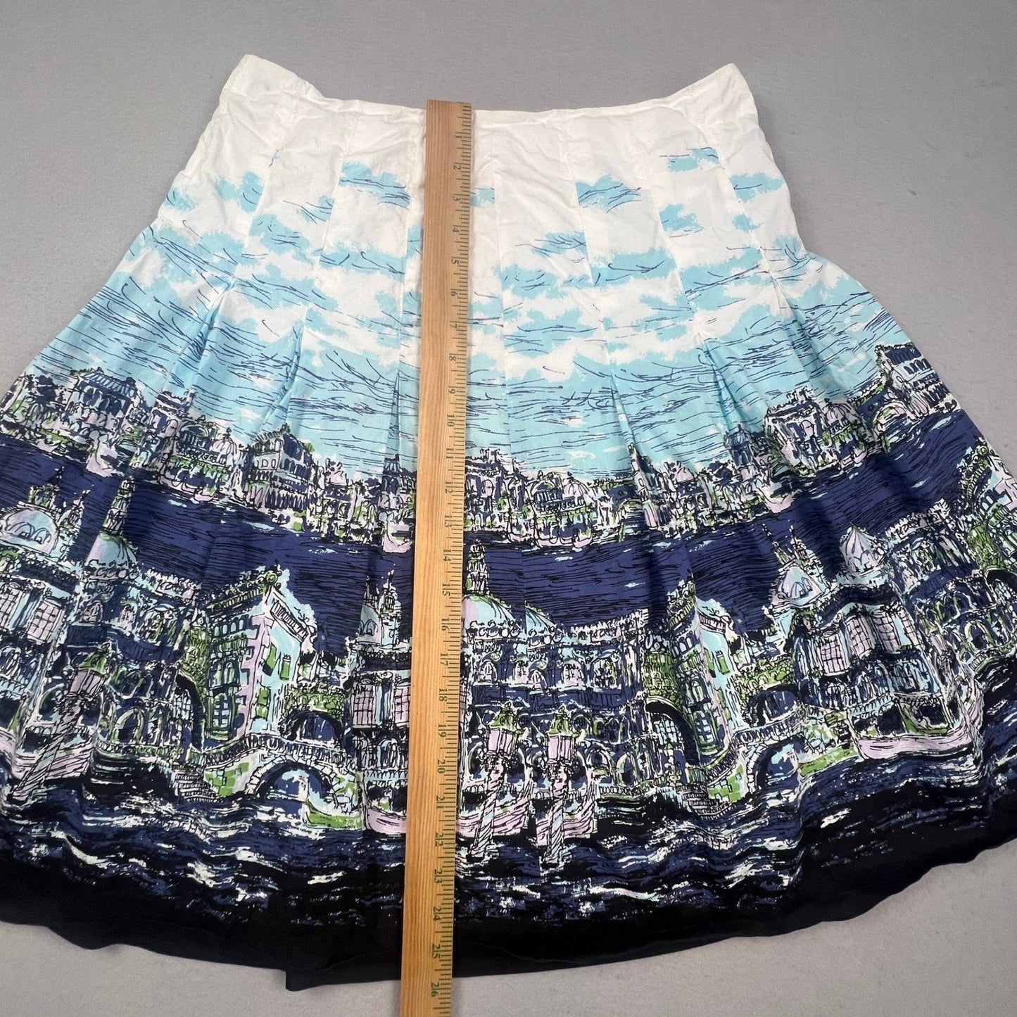 Talbots Pleated Skirt Womens 10 Blue Venice Cityscape Print A-Line Knee Length