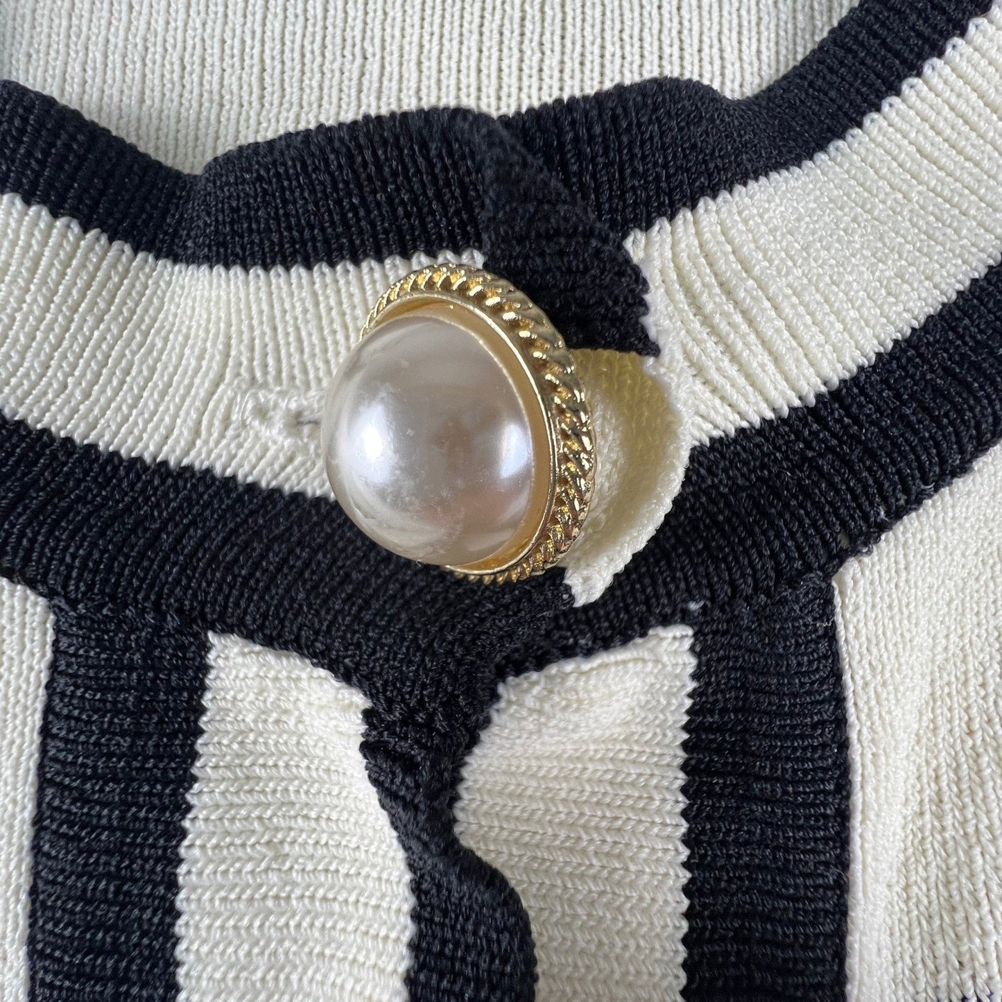PrettyGarden Cardigan Sweater Womens XL White Black Striped Pearl Button Preppy