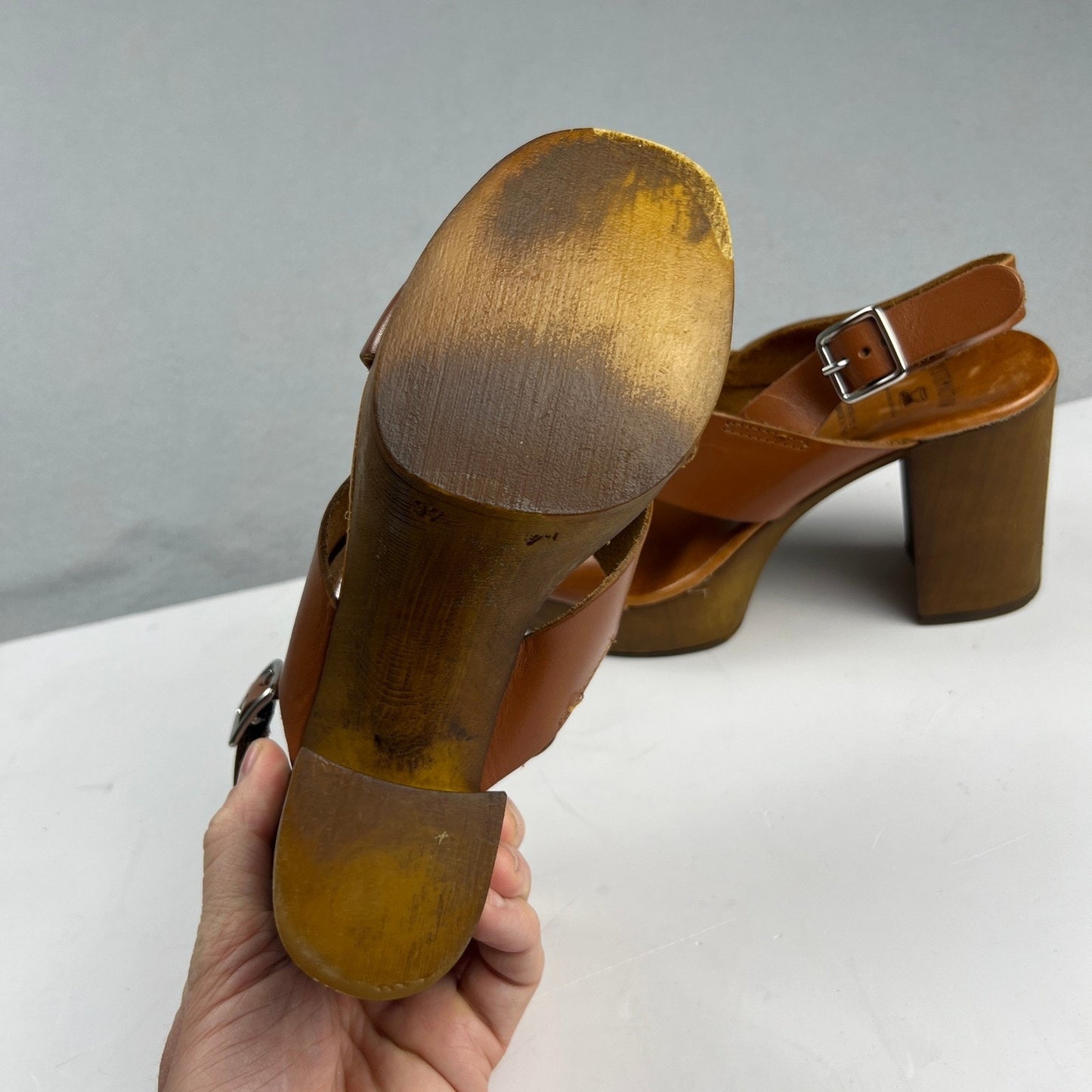 Brown Leather Wood Block Heel Boho Retro Platform Sandals Made in Italy Size 7