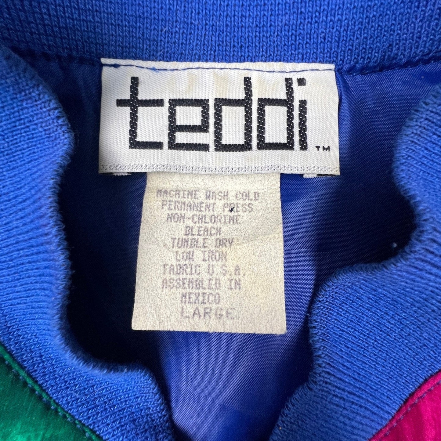 VTG Retro 90s Teddi Bomber Jacket Womens Large Blue Abstract Geometric Zip Up