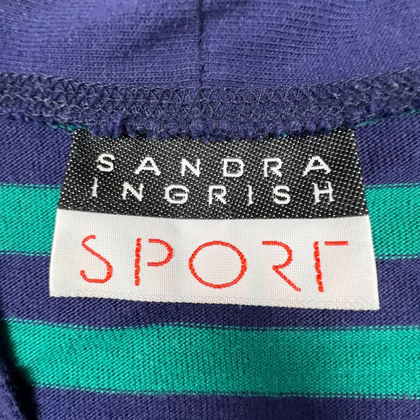 Sandra Ingrish Sport Cardigan Womens L Blue Green Striped Preppy Crest V-Neck