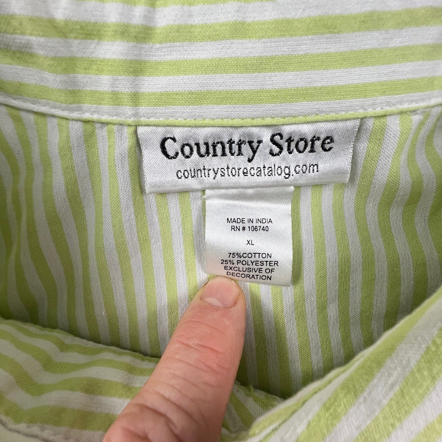 Country Store Button Down Shirt Womens XL Green Striped Floral Embroidered Top