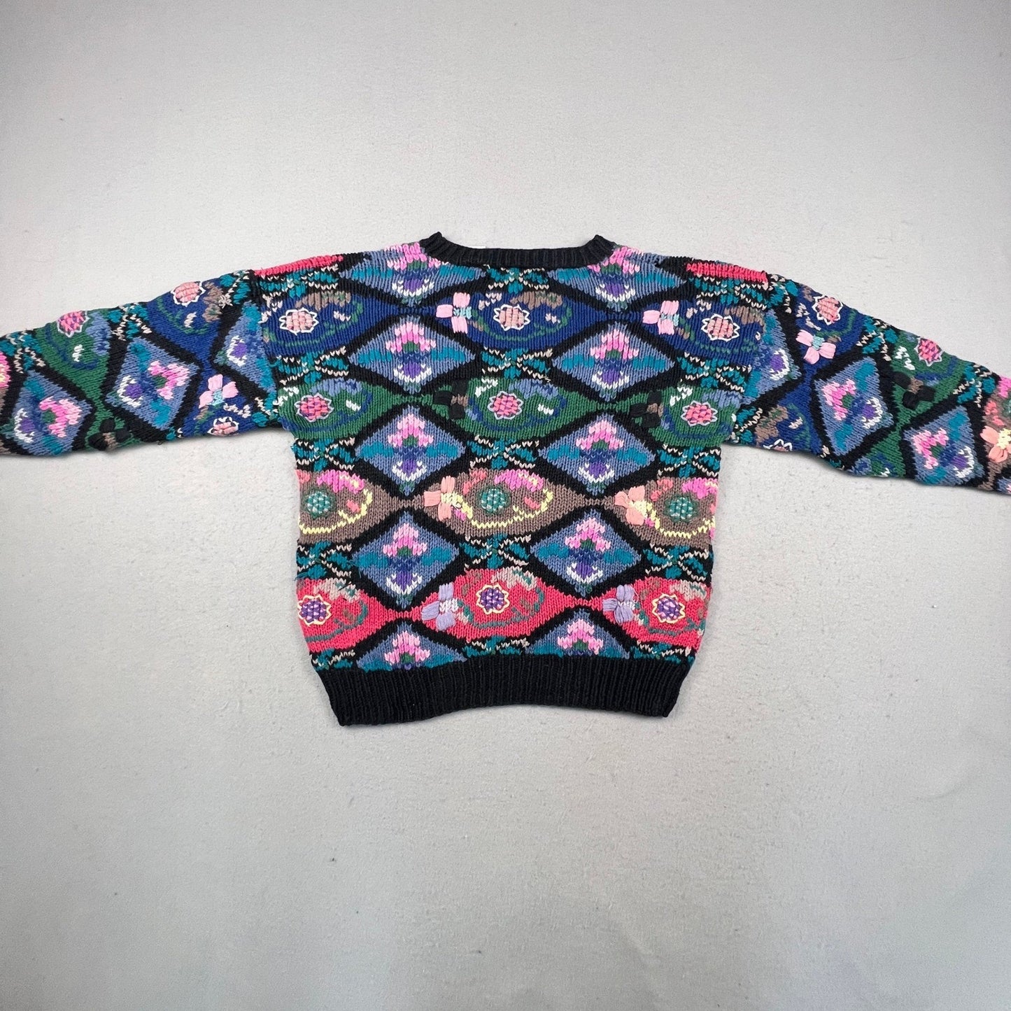 Northern Isles Sweater Womens Small Multi Diamond Floral Hand Knit Vintage 90s