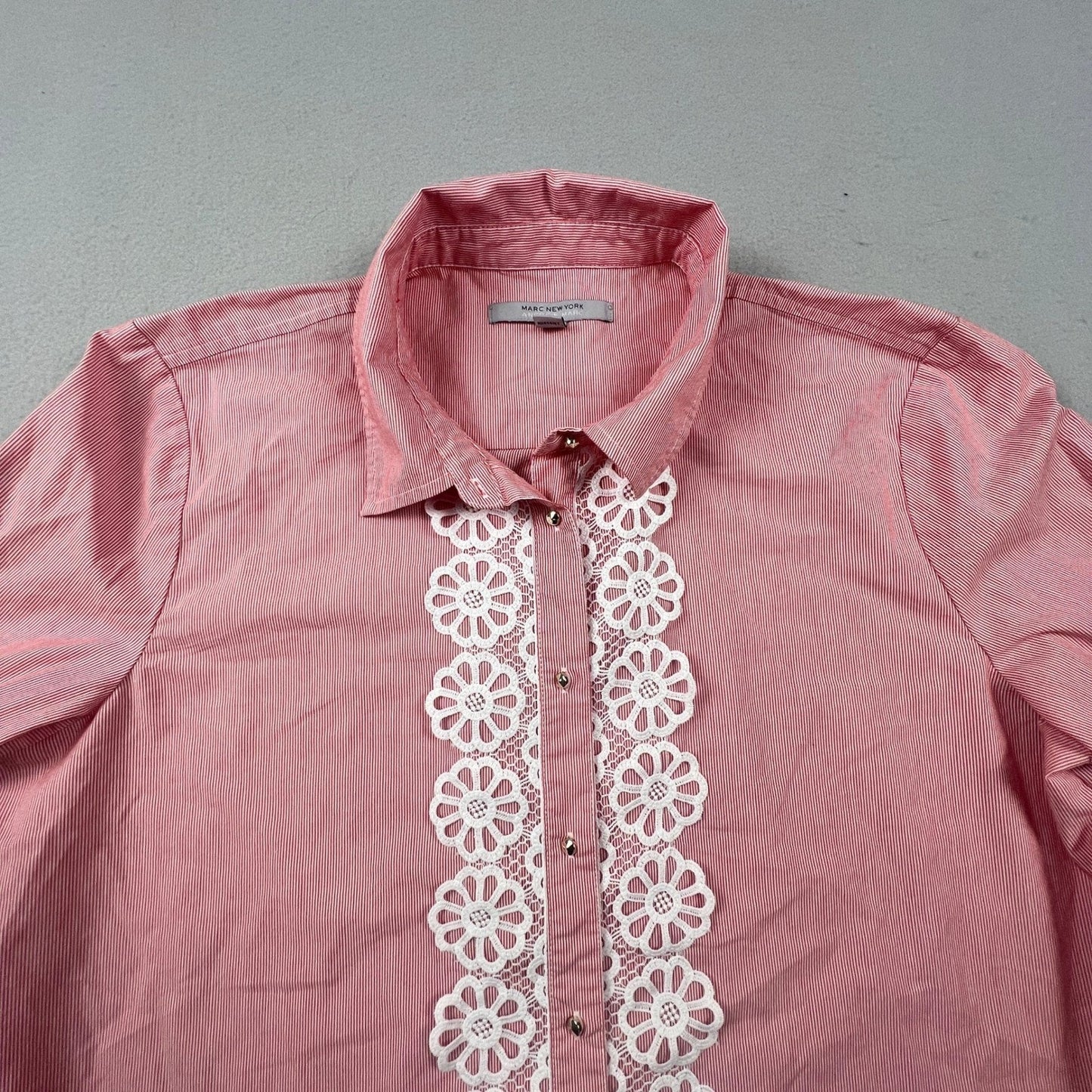 VTG Marc New York Button Down Womens XL Red Stripe Lace Trim Preppy Chic